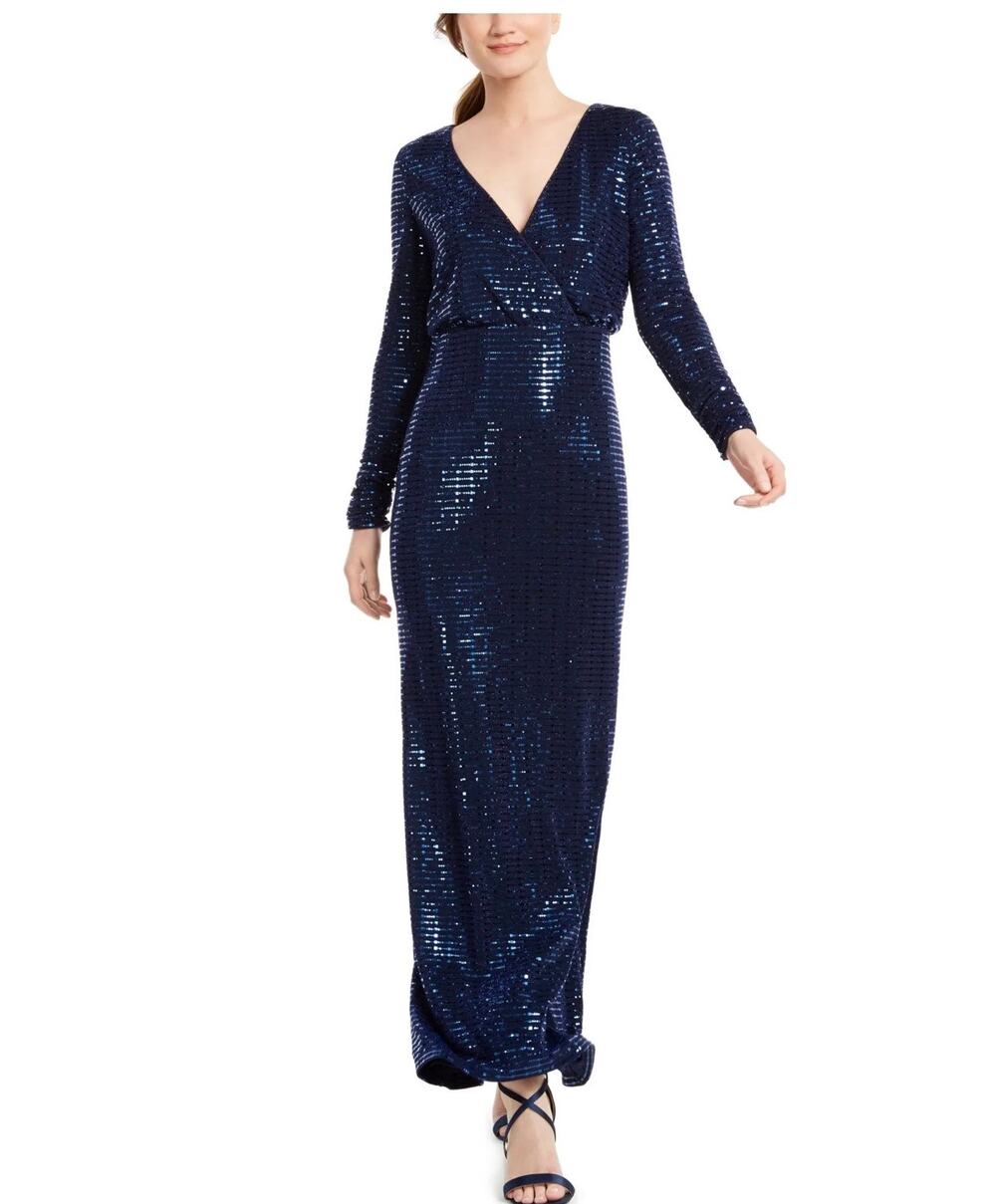 Vince Camuto Geo Sequin Blouson Gown Navy Wrap V-Neck Long Sleeve Maxi Size 6